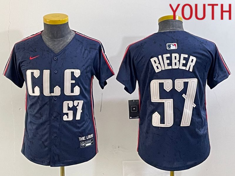 Youth Cleveland Indians 57 Bieber Blue City Edition Nike 2024 MLB Jersey style 4